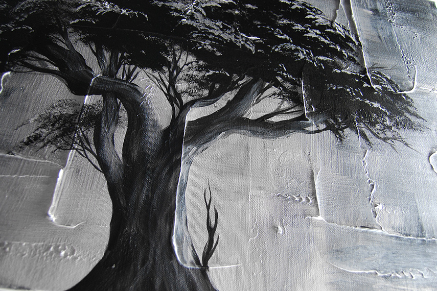 Černobílý jednodílný ručně malovaný obraz strom abstrakce