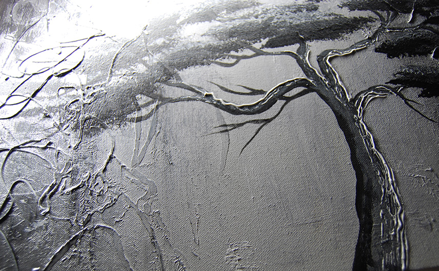 Černobílý jednodílný ručně malovaný obraz strom panorama