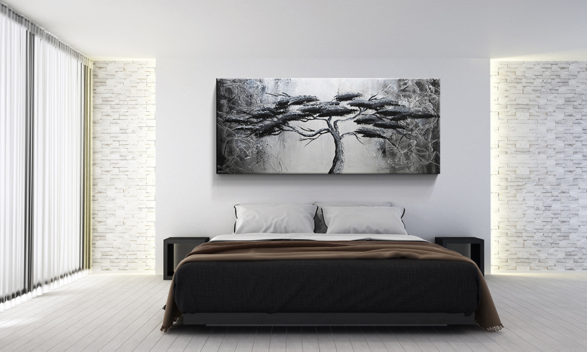 Černobílý jednodílný ručně malovaný obraz strom panorama