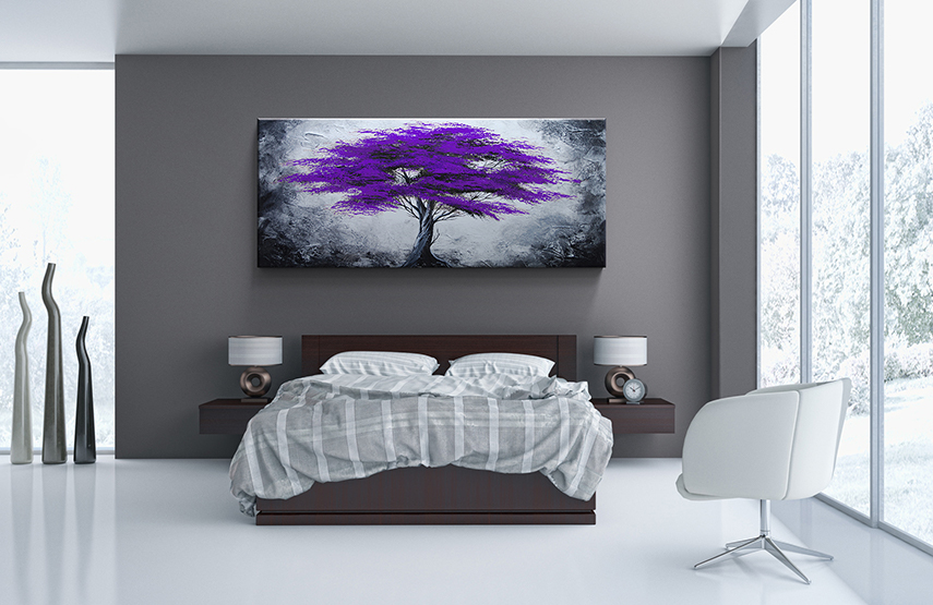 Fialový jednodílný ručně malovaný obraz strom panorama
