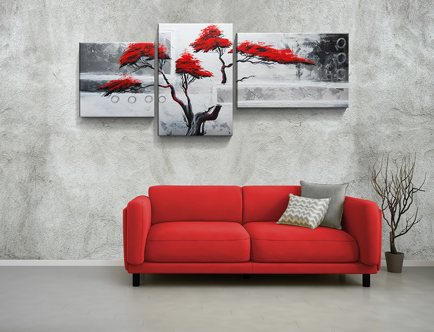 Vícedílný ručně malovaný obraz strom červený