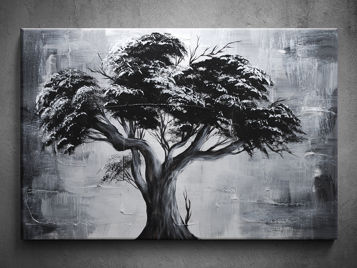 Abstrakcia ručne maľovaný obraz čiernobiely strom