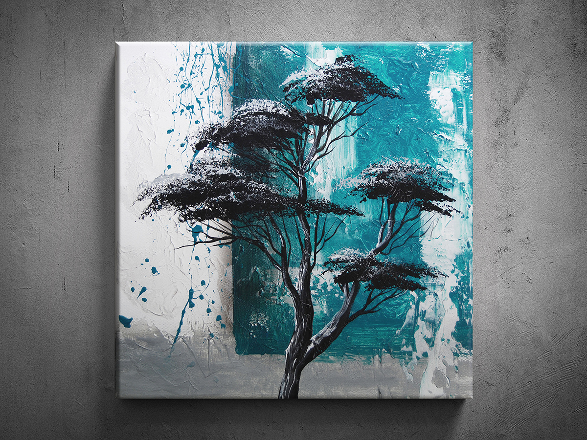 Ručne maľovaný obraz abstrakcie strom tyrkys