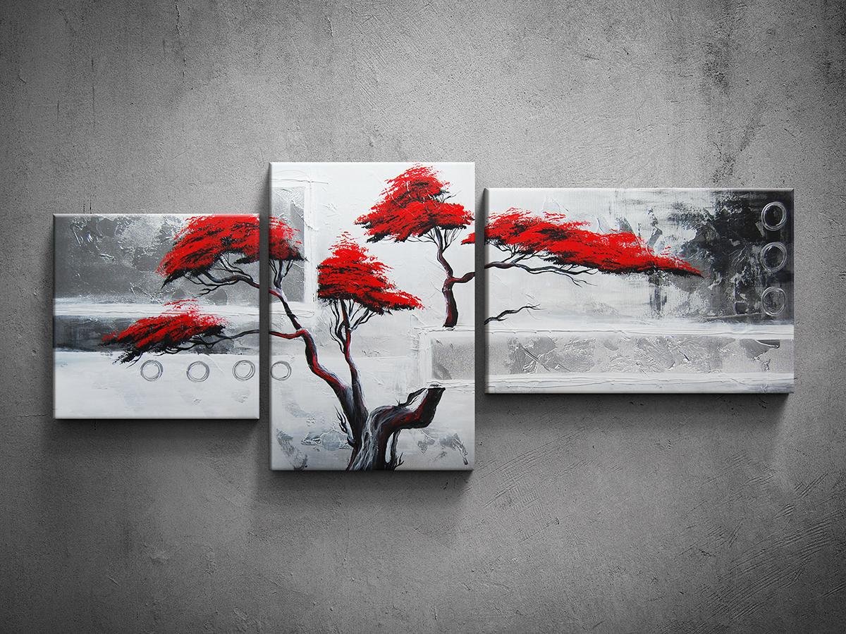 Ručne maľovaný obraz viacdielny strom červený