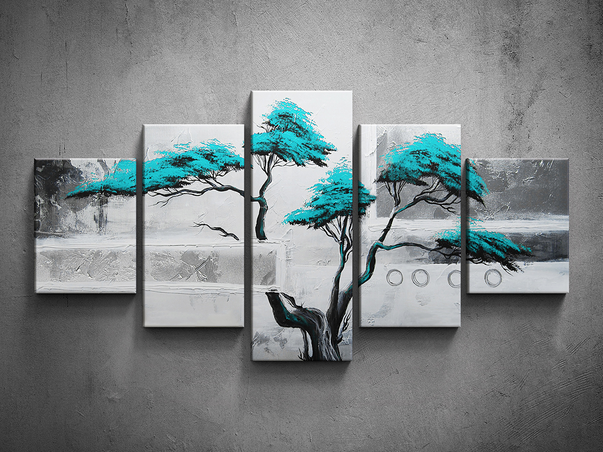  Ručne maľovaný obraz viacdielny strom tyrkys
